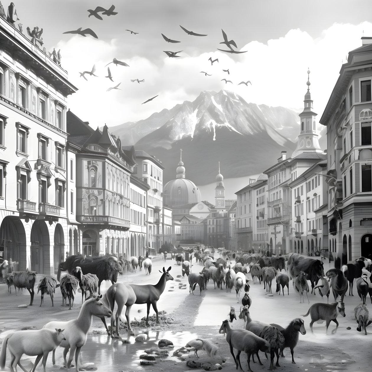 Innsbruck i ett gammalt fotografi med eleganta zebror, måsar, apor och lerfigurer. 2 av Kurt Heppke