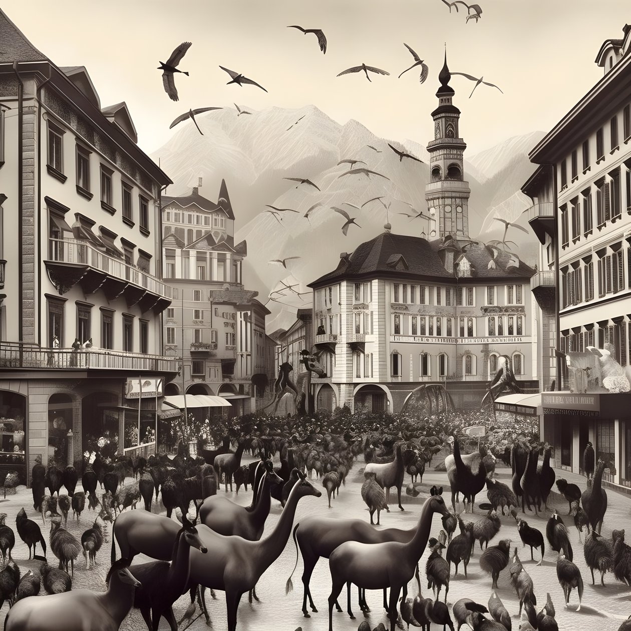 Innsbruck i ett gammalt fotografi med eleganta zebror, måsar, apor och lerfigurer. 4 av Kurt Heppke