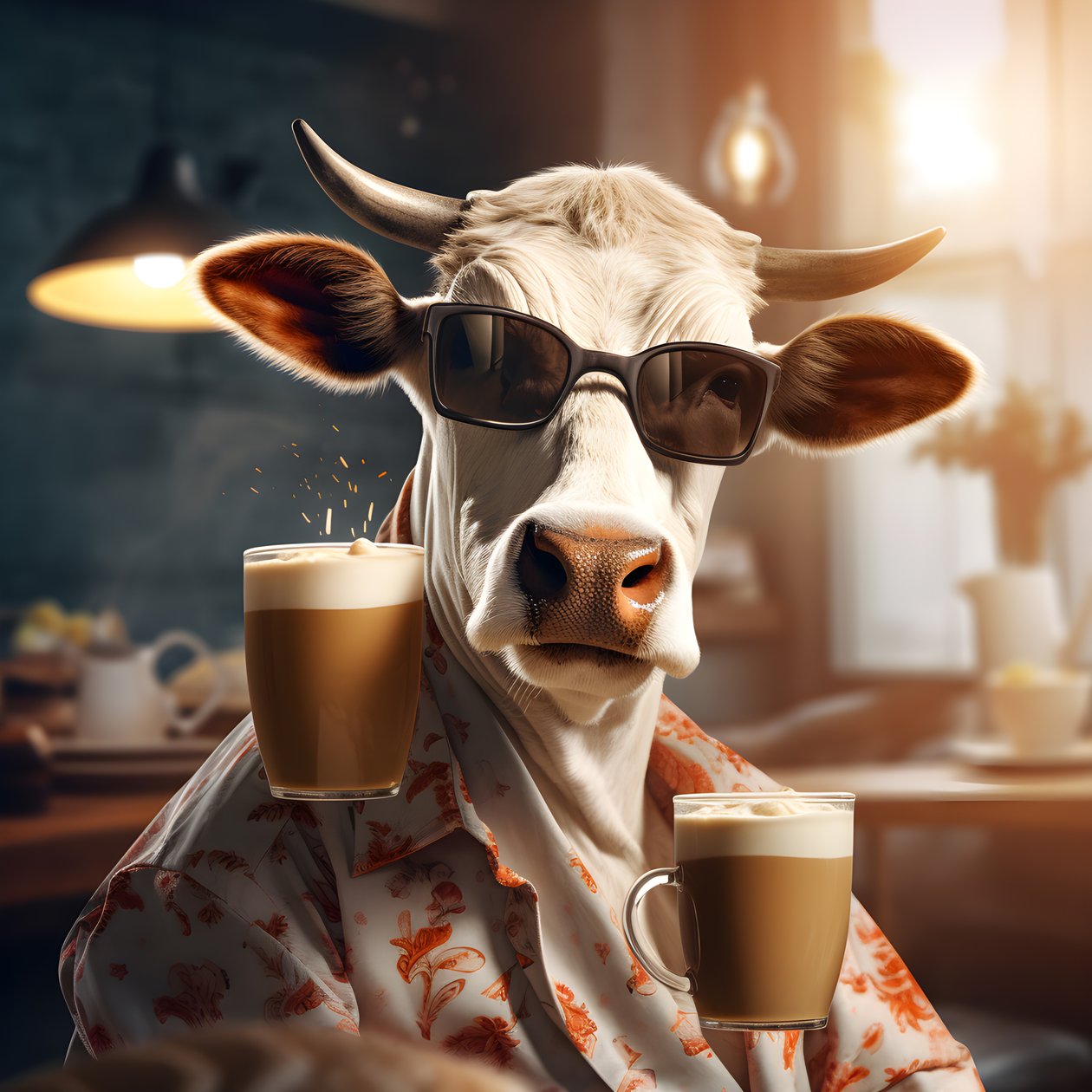 Ko med solglasögon och tittar på kallt kaffe 1 av Kurt Heppke