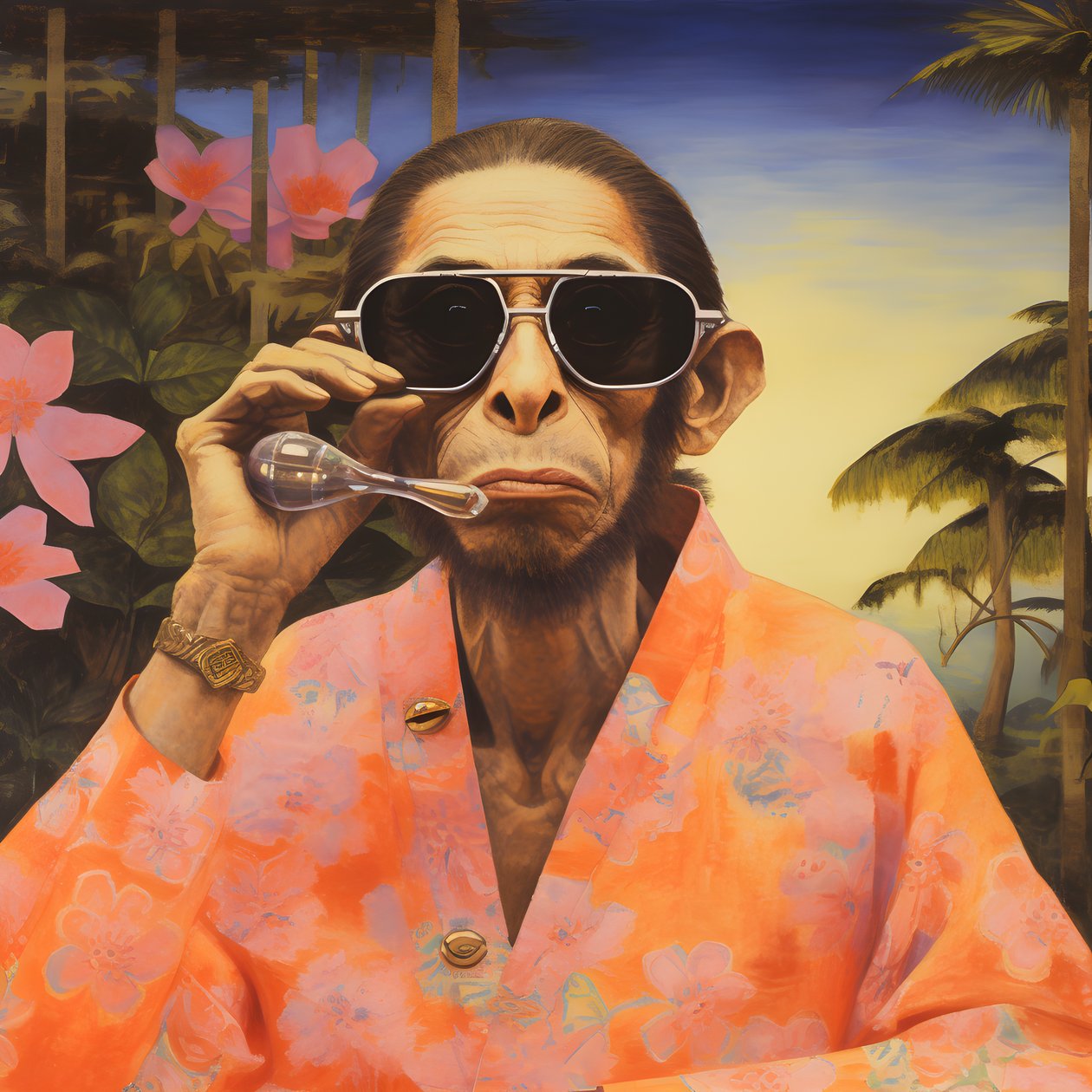 Närbild av en cool apa i en japansk kimono, med solglasögon, i ett tropiskt landskap 3 av Kurt Heppke