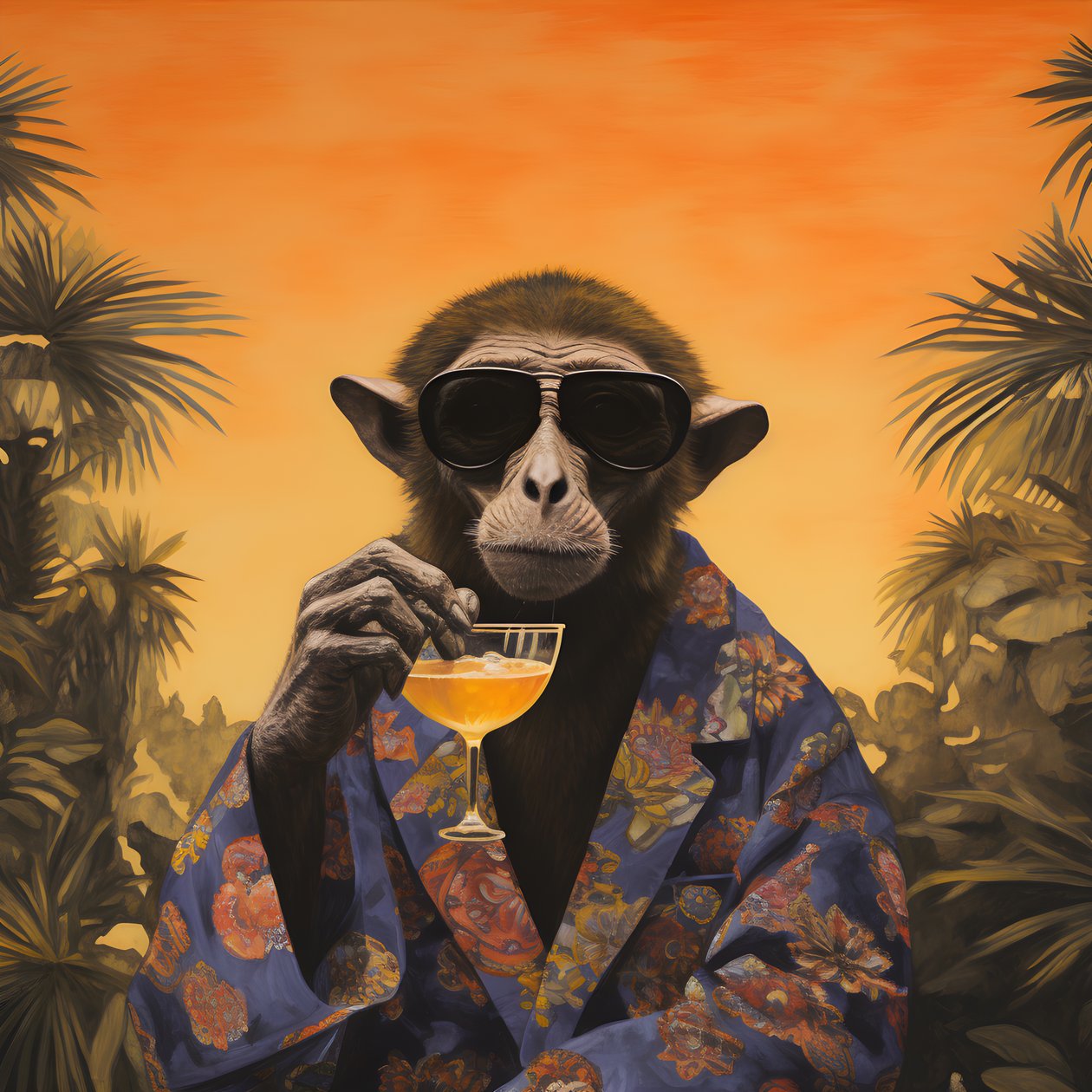 Närbild av en cool apa i en japansk kimono, med solglasögon, i ett tropiskt landskap 4 av Kurt Heppke