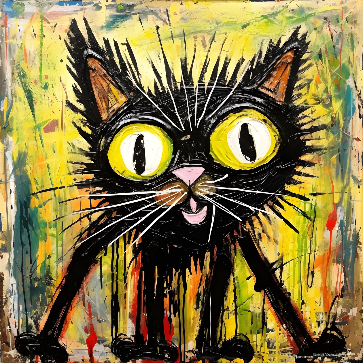 Neo-expressionism av en tecknad katt som tittar upp på något nyfiket 1 av Kurt Heppke