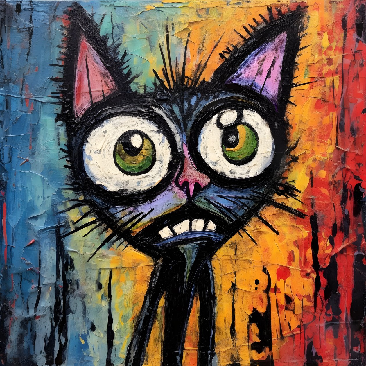 Neo-expressionism av en tecknad katt som tittar upp på något nyfiket 2 av Kurt Heppke