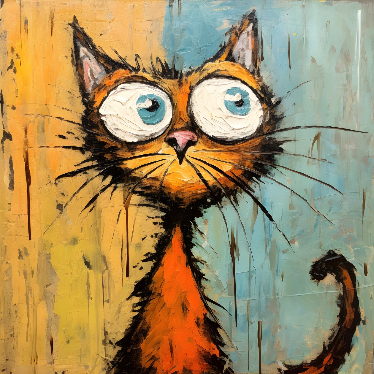 Neo-expressionism av en tecknad katt som tittar upp på något nyfiket 4 av Kurt Heppke