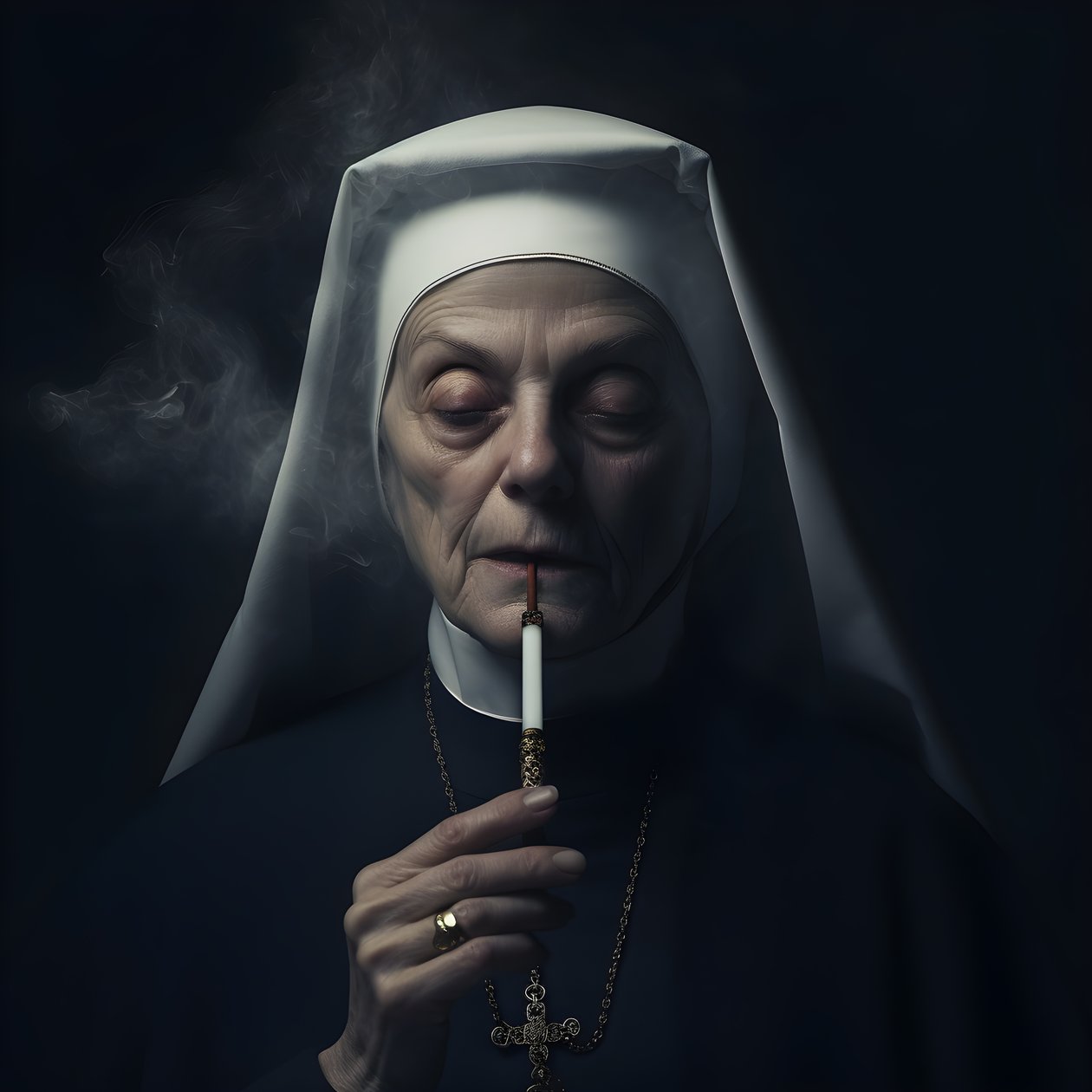 Nunna med diamanthalsband som röker en rulle cigarr 1 av Kurt Heppke