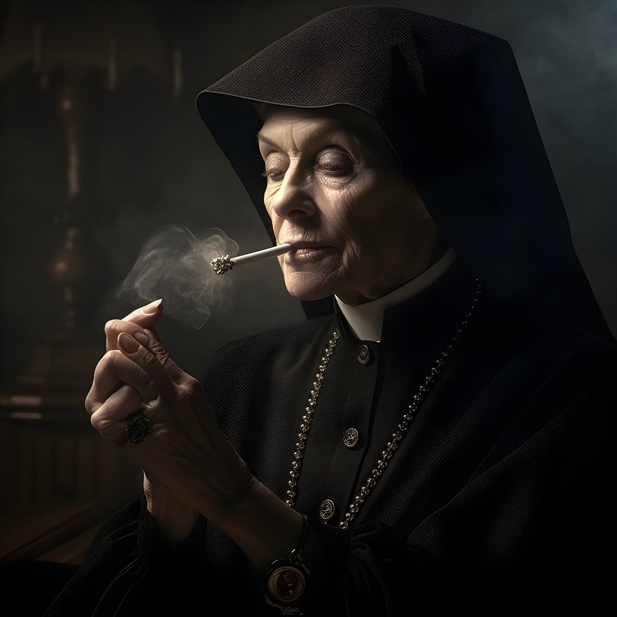 Nunna med diamanthalsband som röker en rulle cigarr 4 av Kurt Heppke