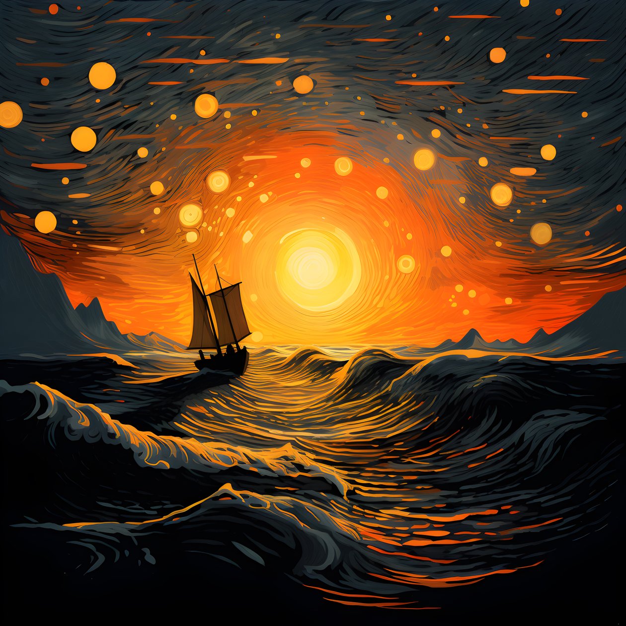 Solnedgång, orange-gul sol, moln, fem roterande cirklar av moln på en stor himmel, exakta vågor och orange-gula solnedgångsmoln som reflekteras på vågorna, en båt går ut till havet 1 av Kurt Heppke