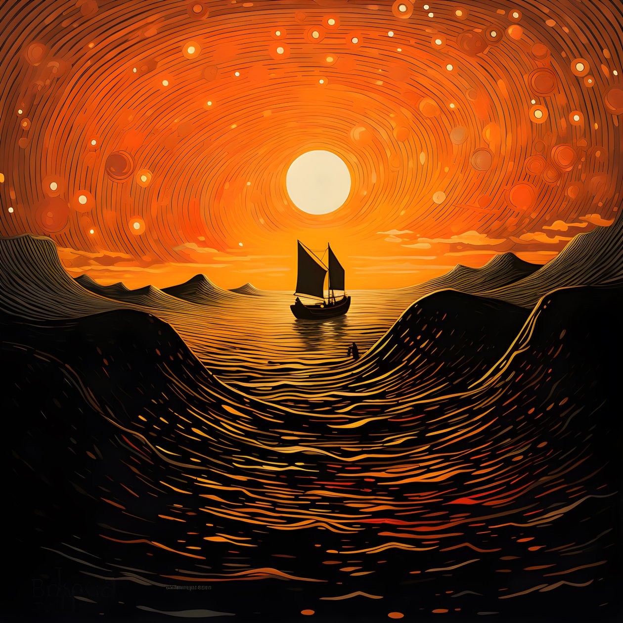 Solnedgång, orange-gul sol, moln, fem roterande cirklar av moln på en stor himmel, exakta vågor och orange-gula solnedgångsmoln som reflekteras på vågorna, en båt går ut till havet 2 av Kurt Heppke