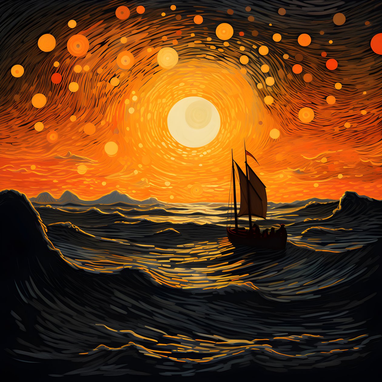 Solnedgång, orange-gul sol, moln, fem roterande cirklar av moln på en stor himmel, exakta vågor och orangegula solnedgångsmoln som reflekteras på vågorna, en båt går ut till havet 4 av Kurt Heppke