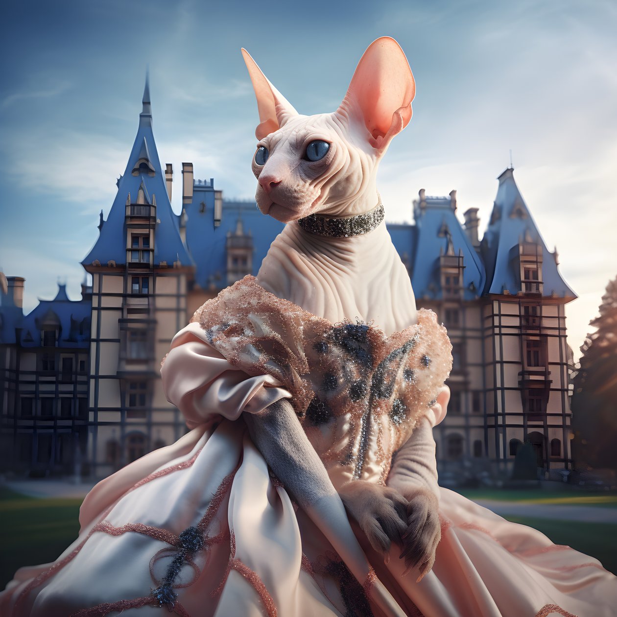 Sphynx-katt i balklänning mot bakgrund av ett magnifikt medeltida palats 3 av Kurt Heppke
