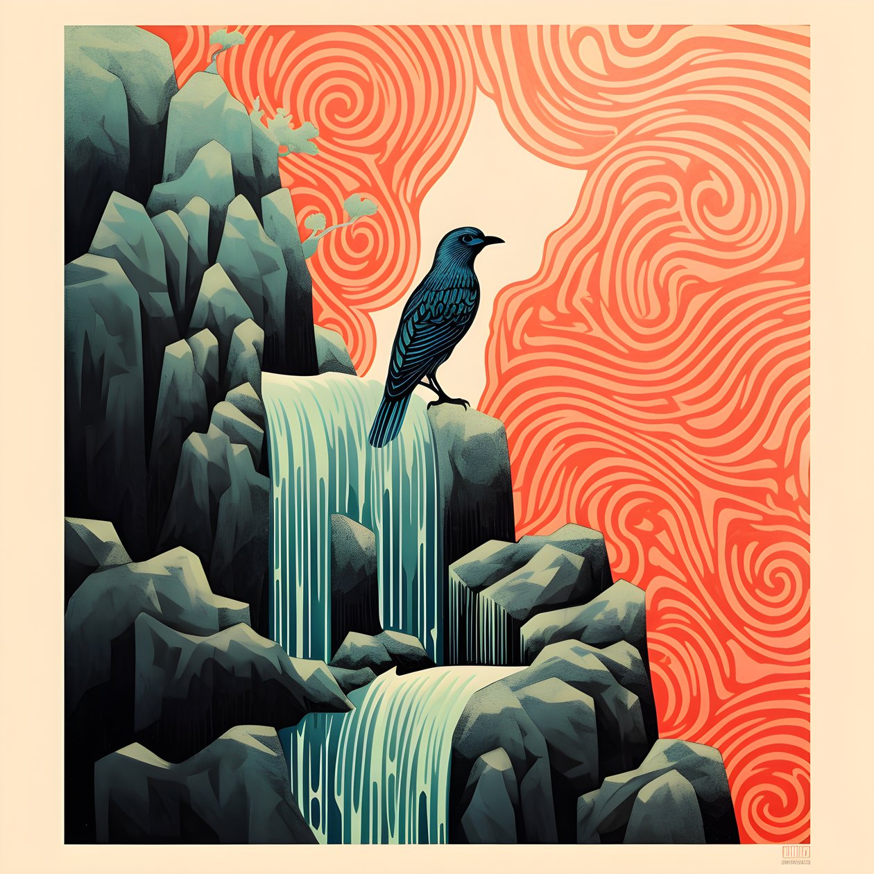 Ultraminimalistisk illustration av en färgglad tropisk fågel som sitter på en grenig växt framför en bergsbäck med ett vackert vattenfall 3 av Kurt Heppke