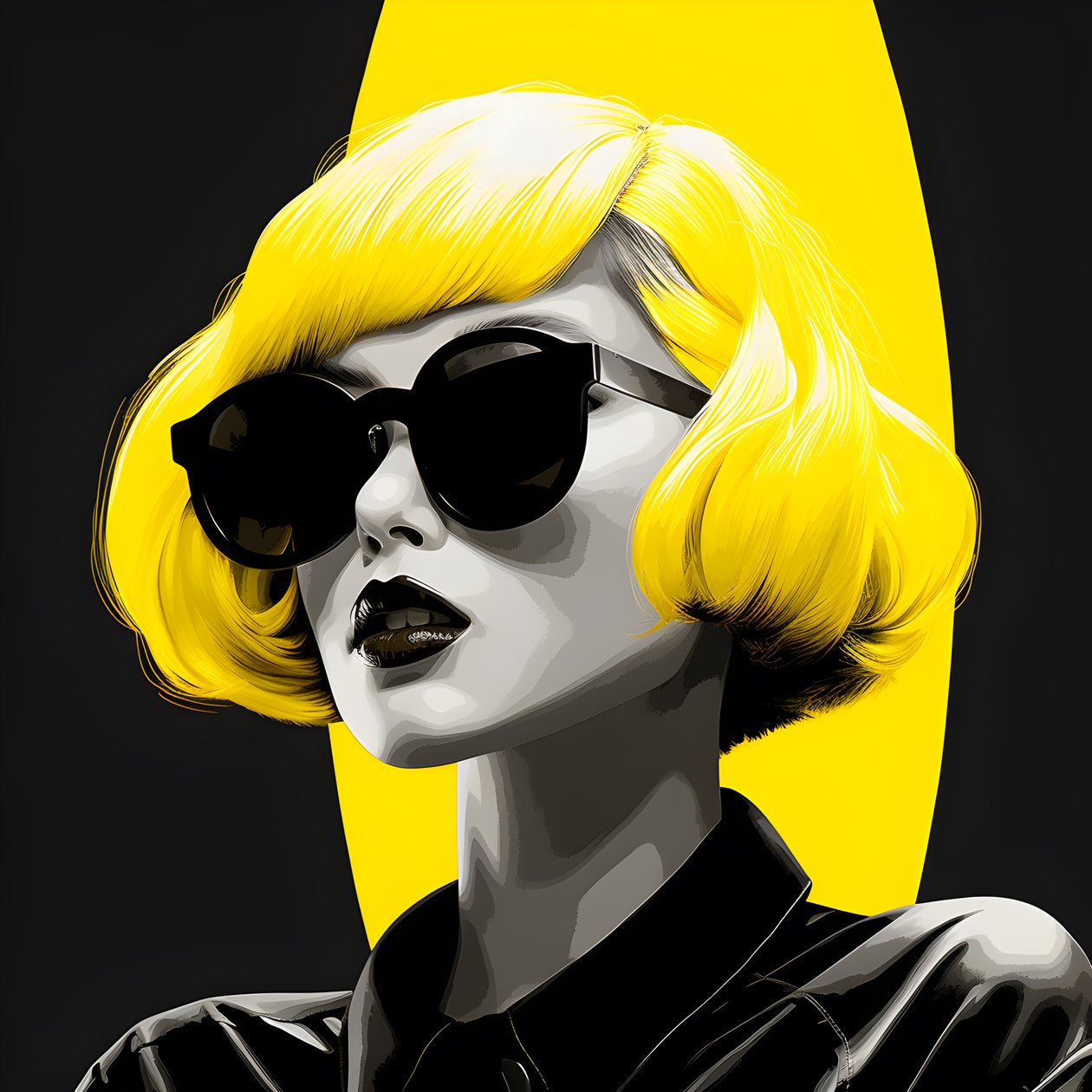 en illustration av en tjej som bär gula solglasögon med hår i ansiktet och med öron, i stil med film noir estetik 1 av Kurt Heppke