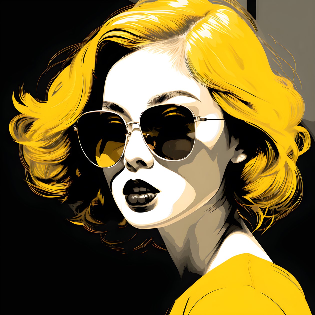 en illustration av en tjej som bär gula solglasögon med hår i ansiktet och med öron, i stil med film noir estetik 4 av Kurt Heppke
