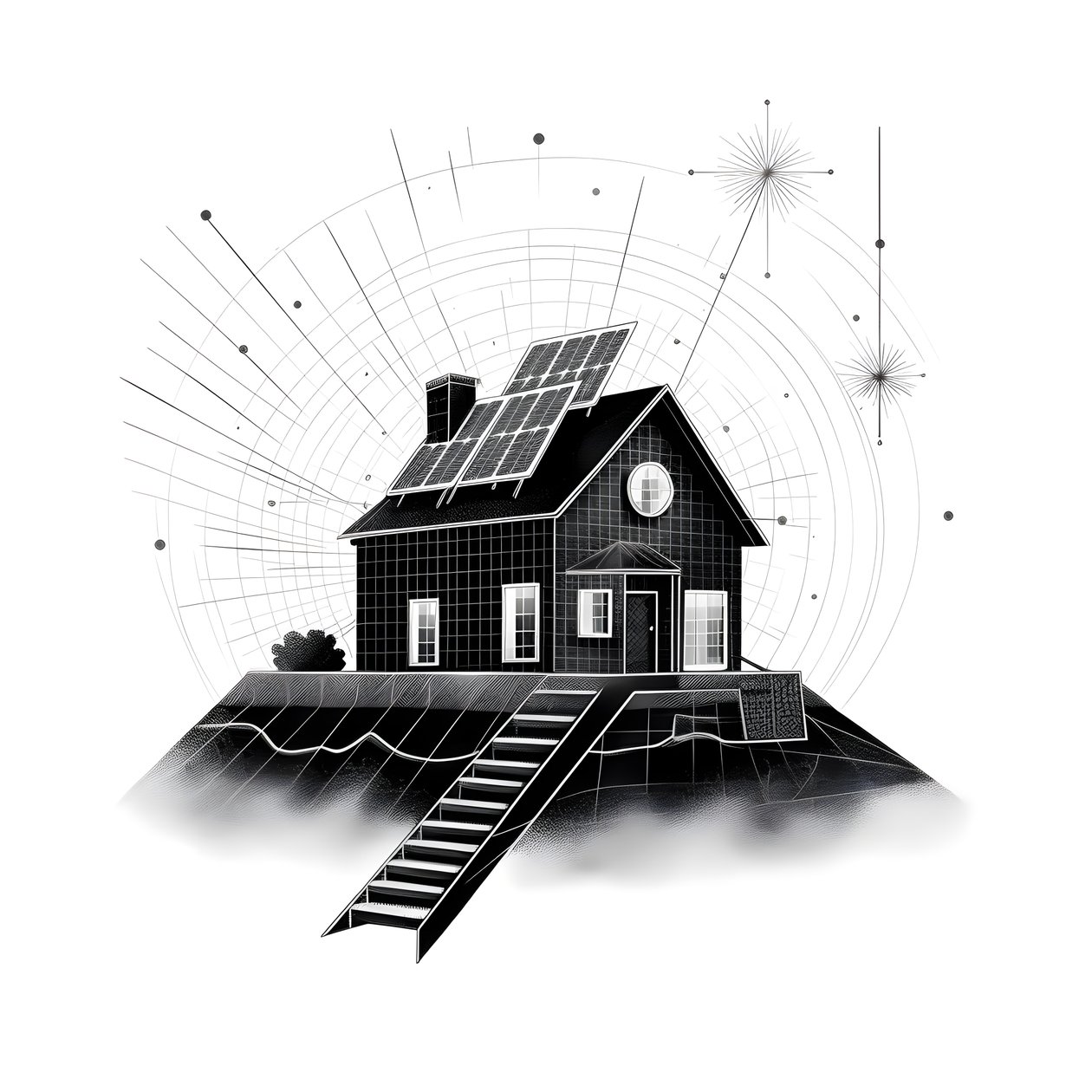 en illustration av ett hus med solpaneler, med en stor pil bakom som pekar åt höger och uppåt 3 av Kurt Heppke