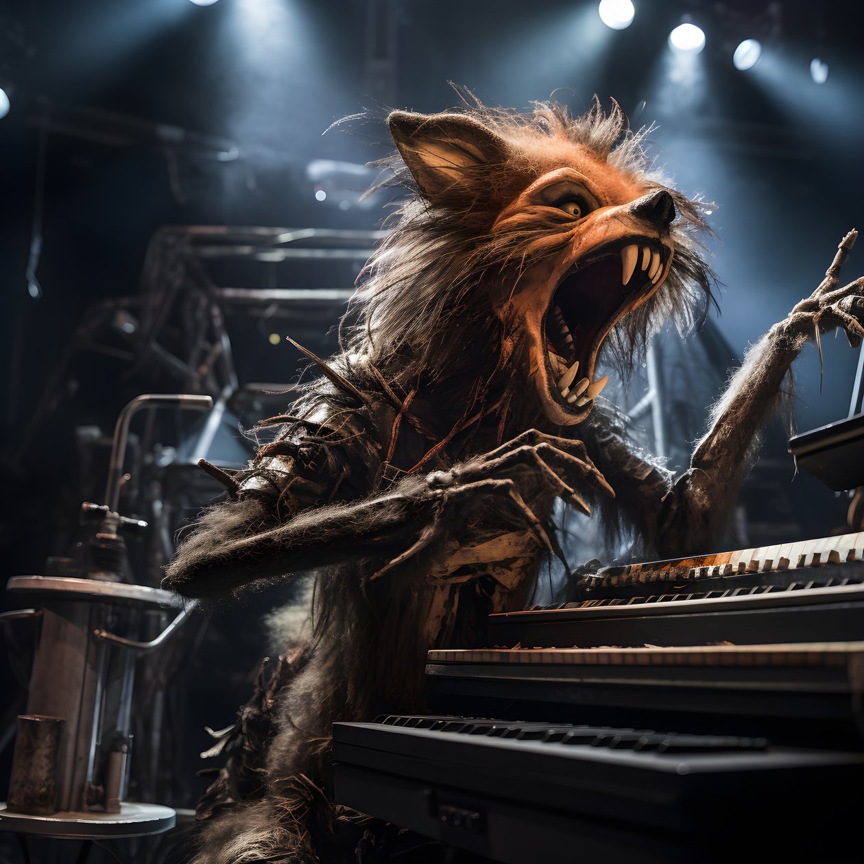 läskig, hårig, trasig djuranimatronik som framför musik på en scen 2 av Kurt Heppke