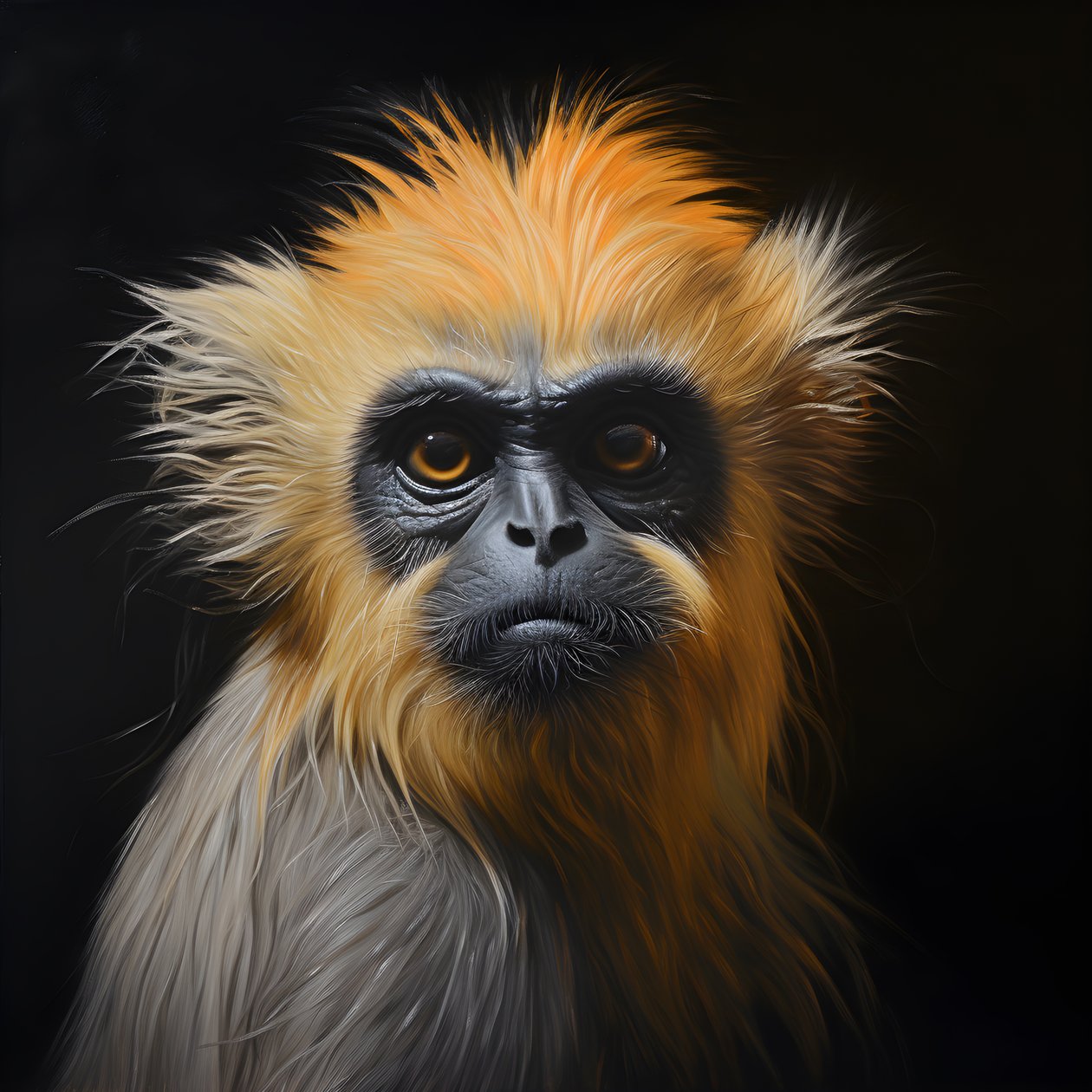 en målning av ansiktet på en gyllene langur med svart bakgrund 1 av Kurt Heppke