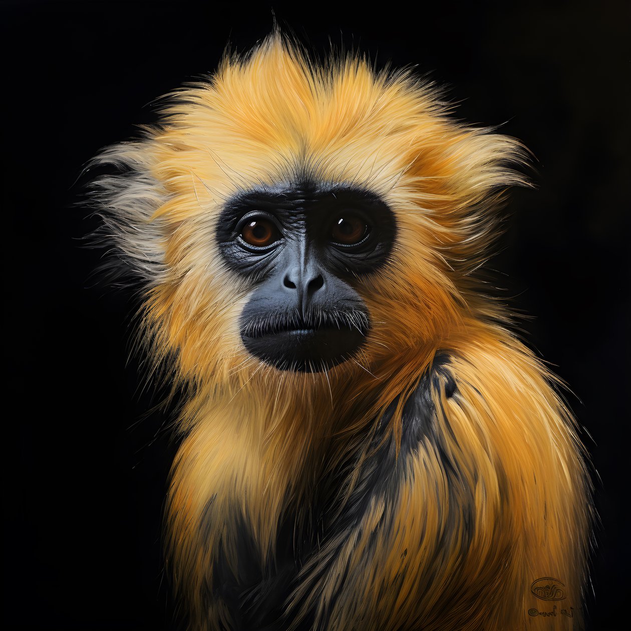 en målning av ansiktet på en gyllene langur med svart bakgrund 3 av Kurt Heppke