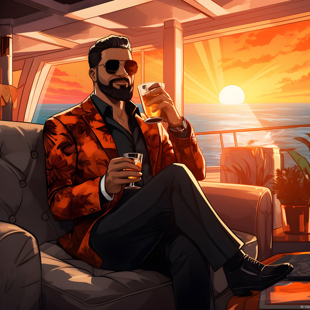 en rik man, välklädd, sitter på ett privat kryssningsfartyg och dricker en cocktail 3 av Kurt Heppke