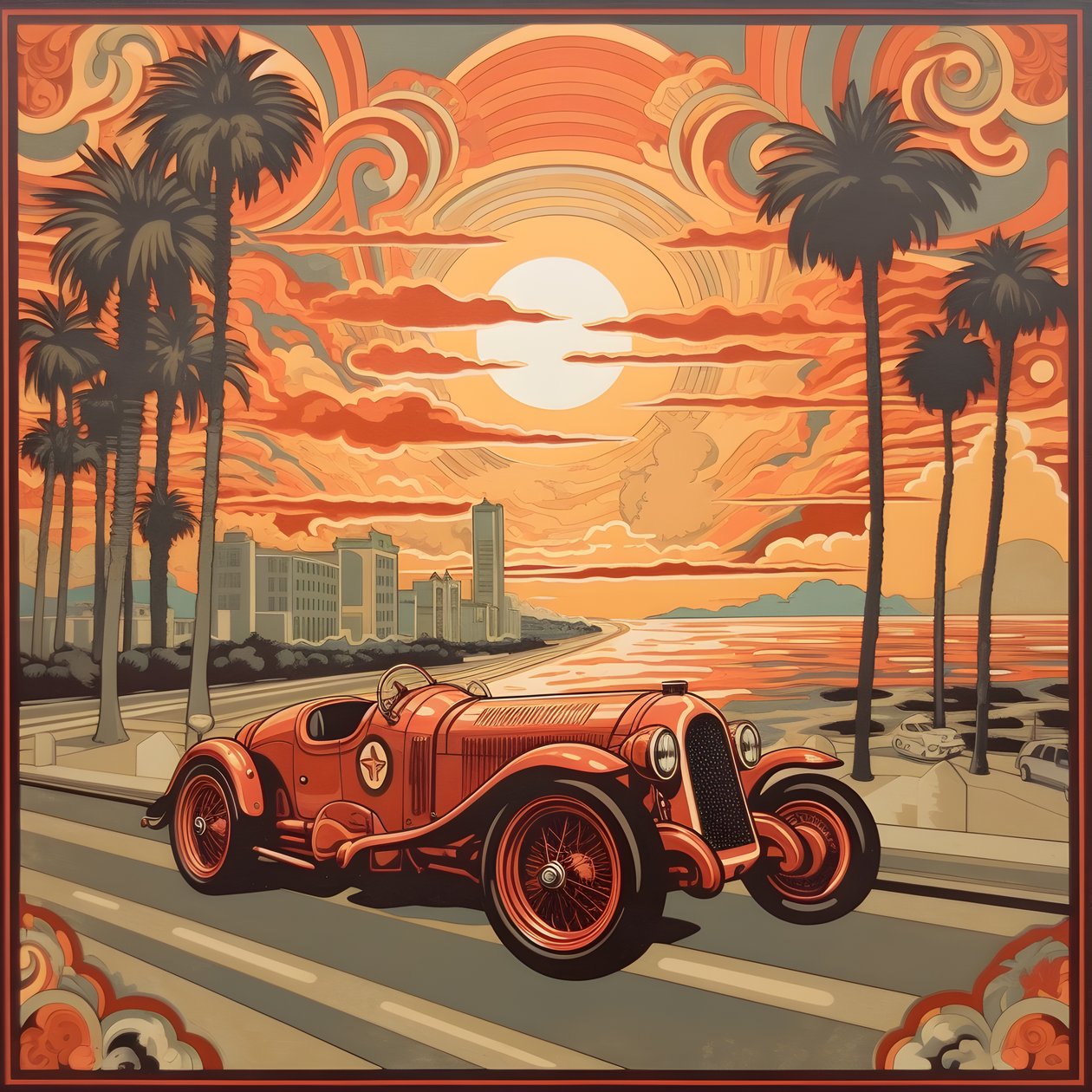 vackert, elegant, minimalistiskt, quiltat mästerverk i den konstnärliga stilen av Shepard Fairey::1 till minne av 1940 års Monaco Grand Prix, historiska racerbilar som tävlar mot varandra. 1 av Kurt Heppke