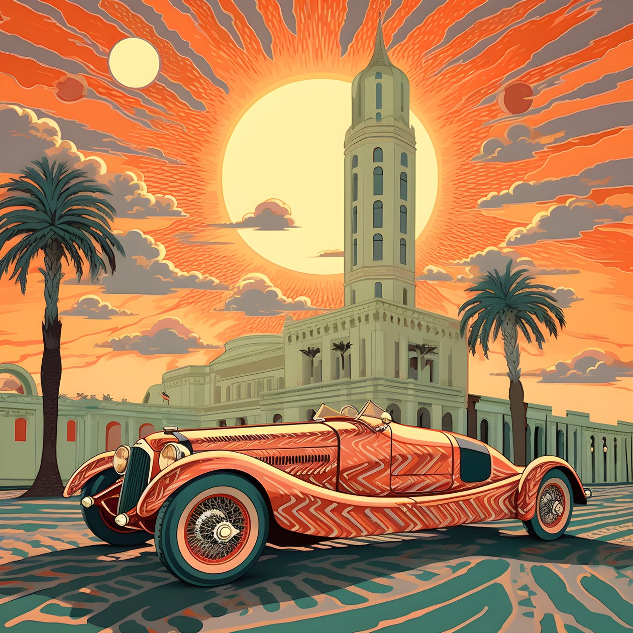 vackert, elegant, minimalistiskt, quiltat mästerverk i den konstnärliga stilen av Shepard Fairey::1 till minne av 1940 års Monaco Grand Prix, historiska racerbilar som tävlar mot varandra. 2 av Kurt Heppke