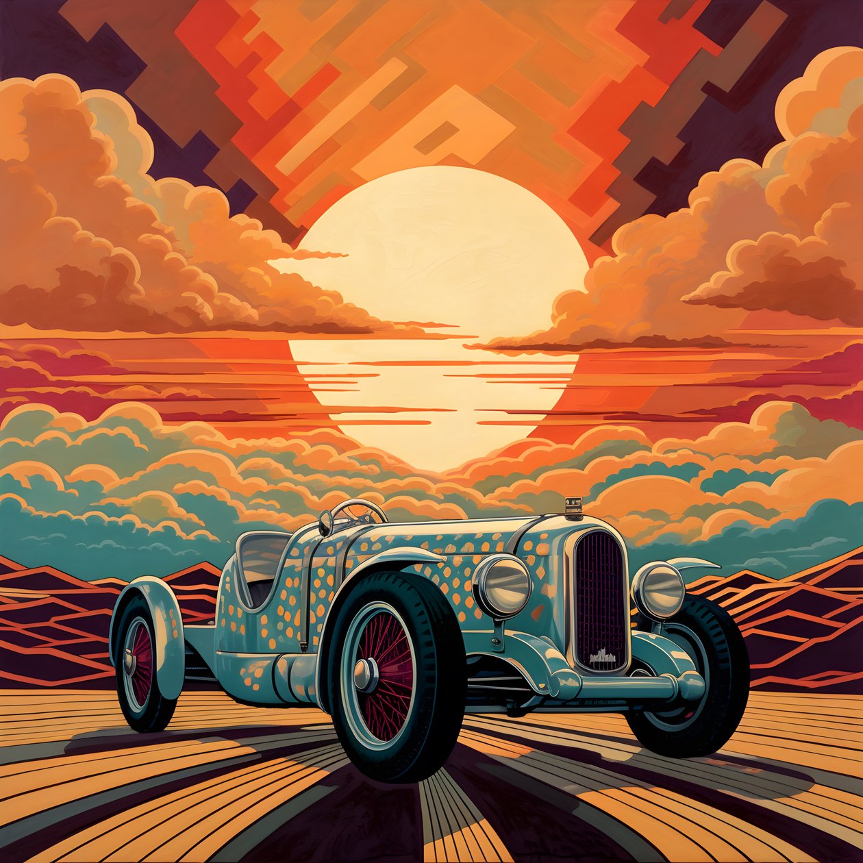 vackert, elegant, minimalistiskt, quiltat mästerverk i den konstnärliga stilen av Shepard Fairey::1 till minne av 1940 års Monaco Grand Prix, historiska racerbilar som tävlar mot varandra. 3 av Kurt Heppke
