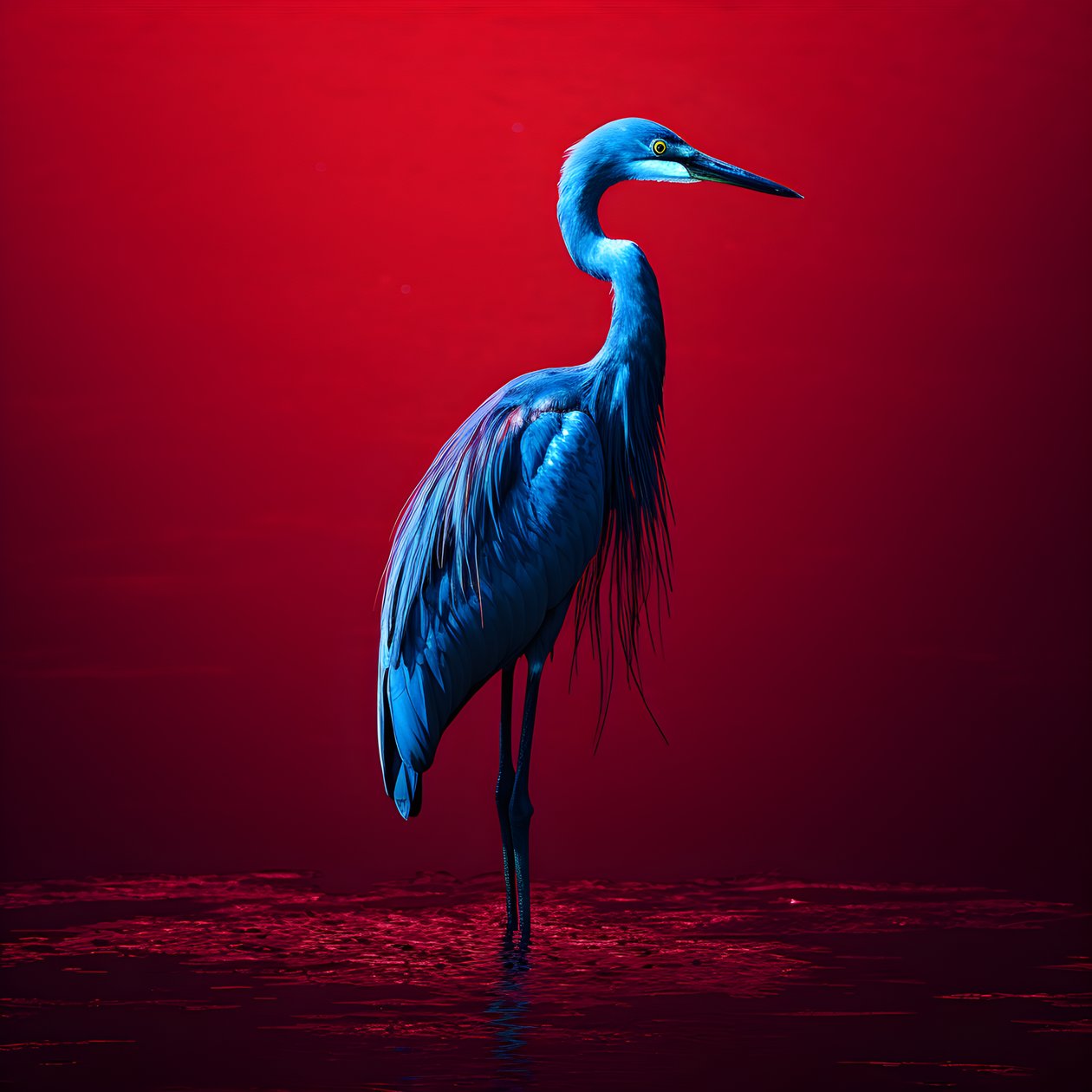 synthwave digital konstverk av en exotisk koboltblå häger på rött papper 1 av Kurt Heppke