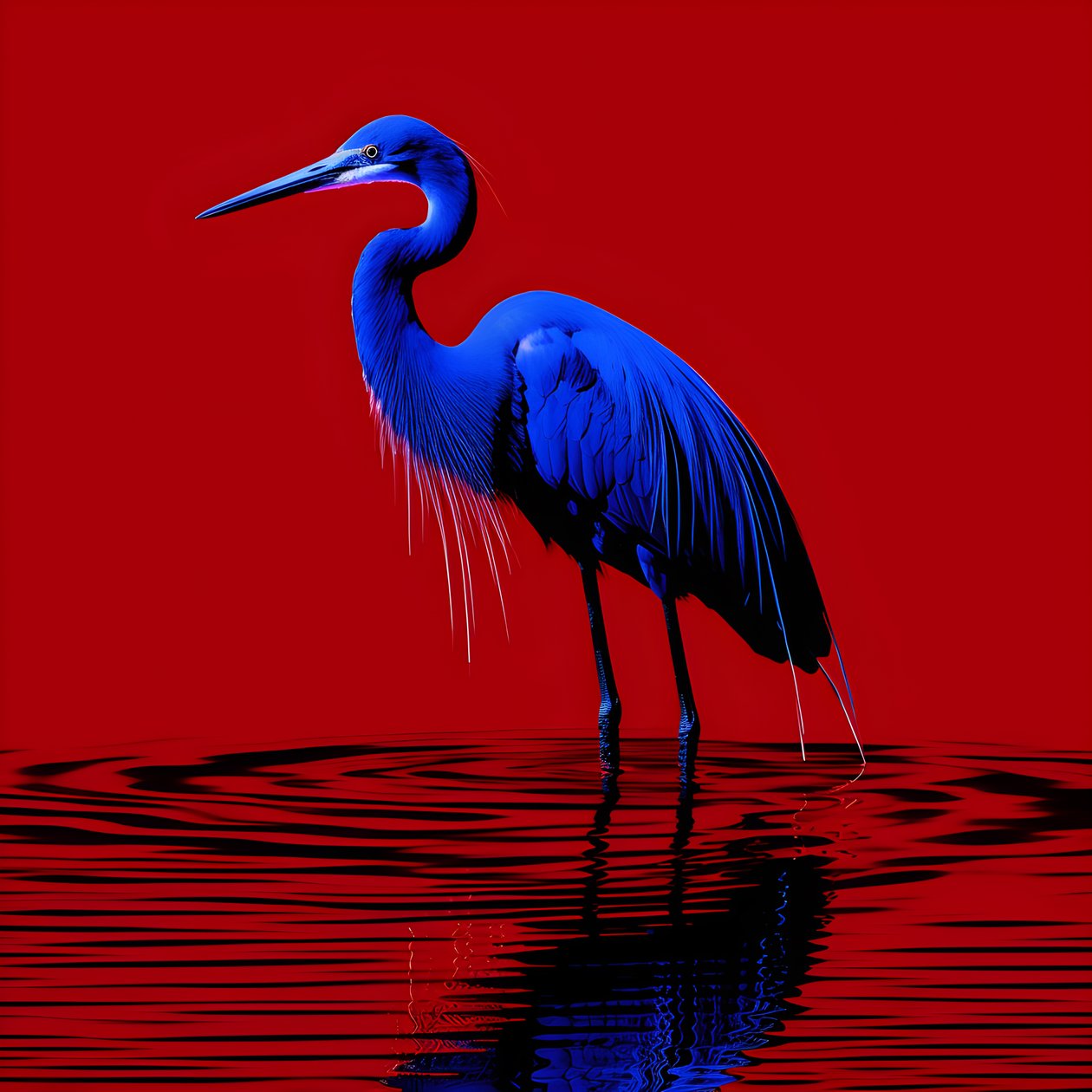 synthwave digital konstverk av en exotisk koboltblå häger på rött papper 2 av Kurt Heppke