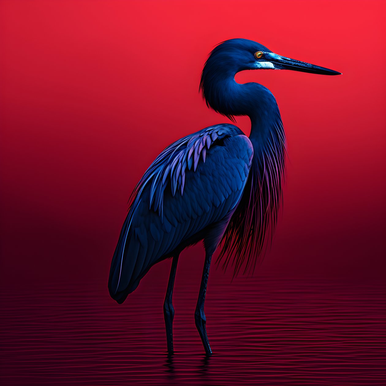 synthwave digital konstverk av en exotisk koboltblå häger på rött papper 3 av Kurt Heppke
