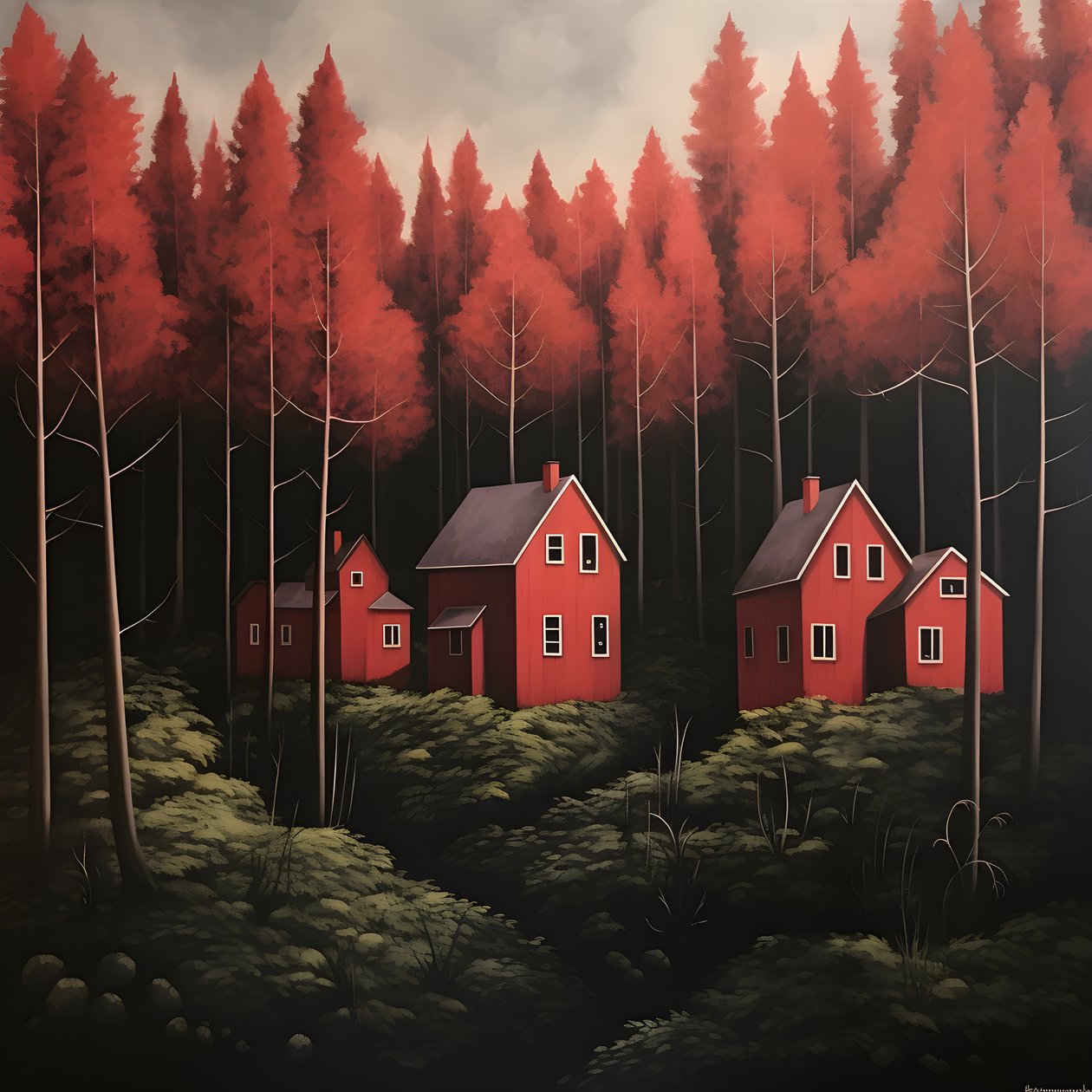 fyra röda hus i skogen 2 av Kurt Heppke