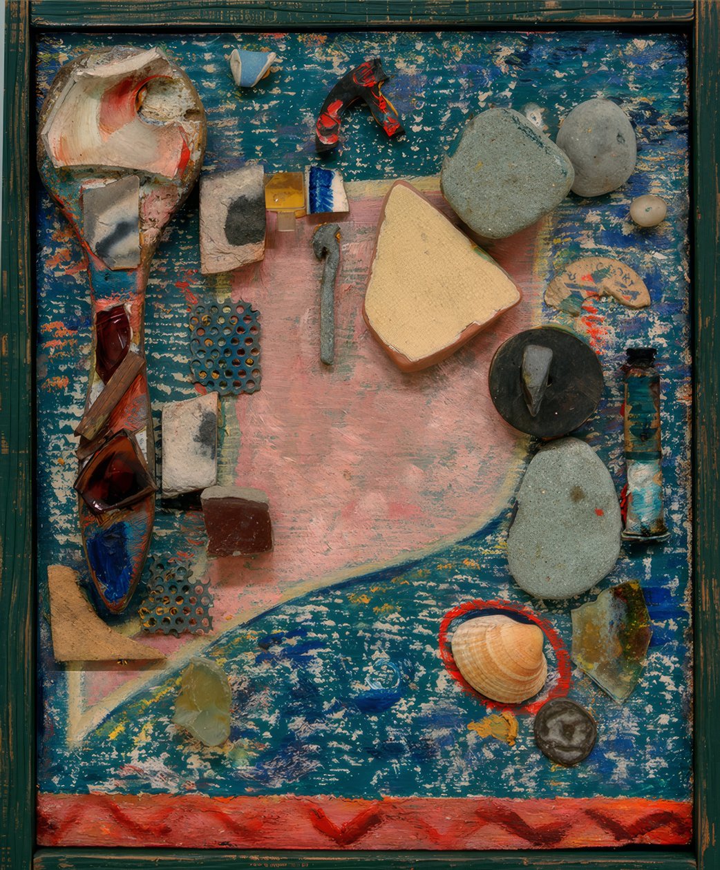 Liten Merz-bild med många delar av Kurt Schwitters