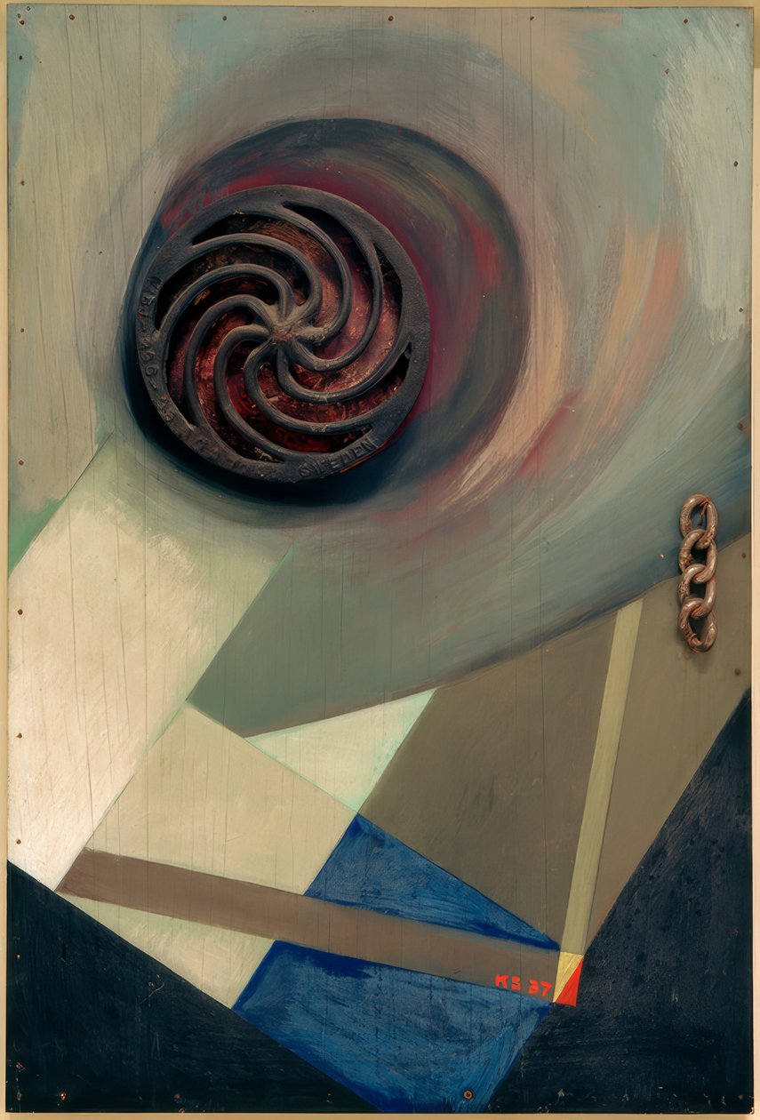 Merz bild med kedja av Kurt Schwitters