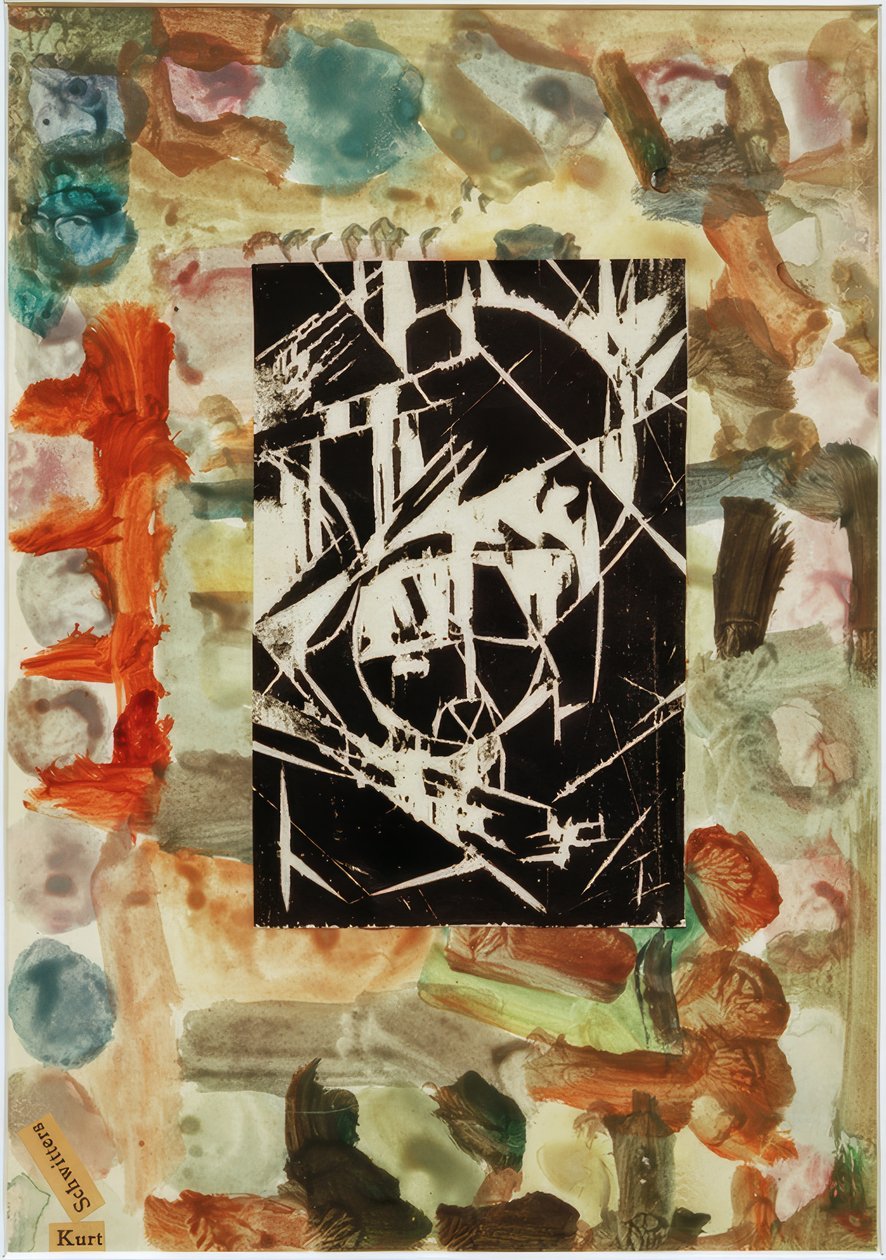 Utan titel (collage med träsnitt på abstrakt målning) av Kurt Schwitters