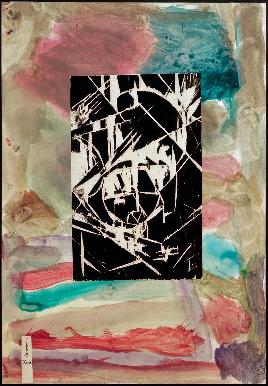 Utan titel (collage med träsnitt på abstrakt målning) av Kurt Schwitters