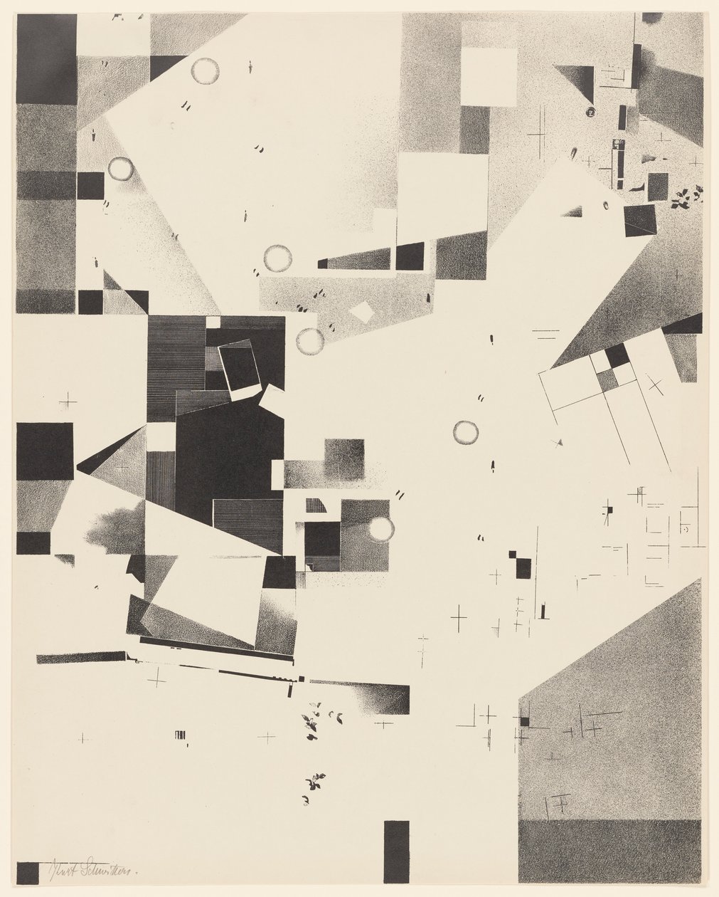 Utan titel, nr 1 av 6 ur portföljen Merz 3. Kurt Schwitters 6 litografier. Merz mapp. Första portföljen av Merz förlag (Merz 3. Kurt Schwitters 6 lithos. Merz Portfolio. Första portföljen av Merz Publisher) av Kurt Schwitters