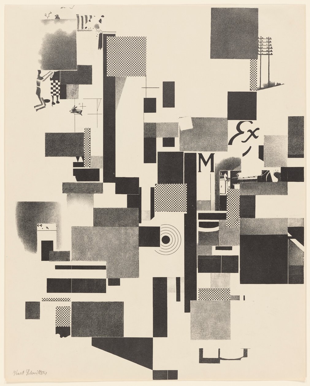 Utan titel, nr 2 av 6 från portfolion Merz 3. Kurt Schwitters 6 litografier. Merz mapp. Första portföljen av Merz förlag (Merz 3. Kurt Schwitters 6 lithos. Merz Portfolio. Första portföljen av Merz Publisher) av Kurt Schwitters