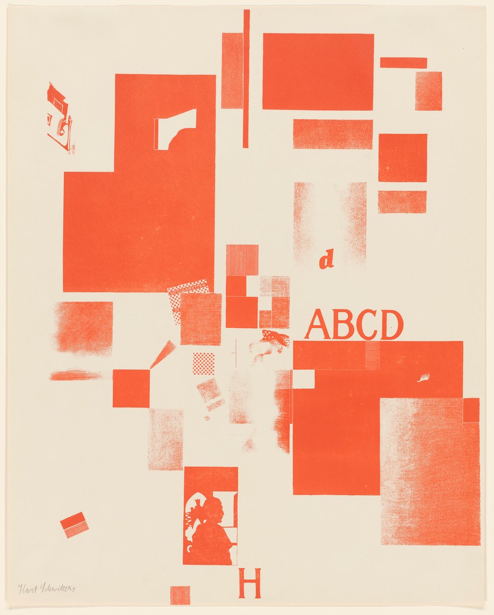 Utan titel, nr 4 av 6 ur portföljen Merz 3. Kurt Schwitters 6 litografier. Merz mapp. Första portföljen av Merz förlag (Merz 3. Kurt Schwitters 6 lithos. Merz Portfolio. Första portföljen av Merz Publisher) av Kurt Schwitters
