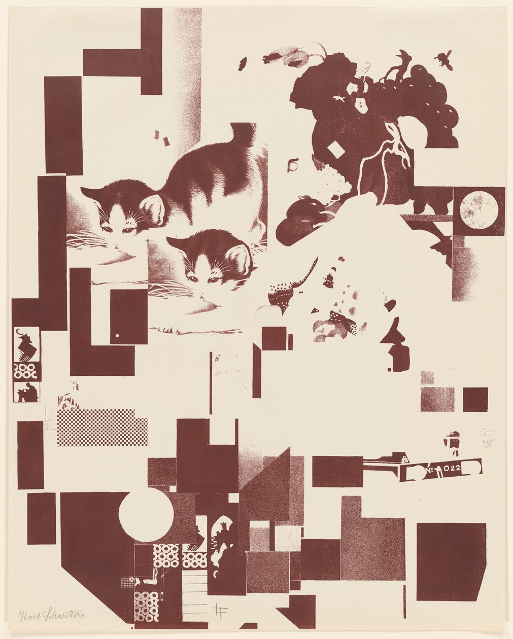 Utan titel, nr 5 av 6 ur portföljen Merz 3. Kurt Schwitters 6 litografier. Merz mapp. Första portföljen av Merz förlag (Merz 3. Kurt Schwitters 6 lithos. Merz Portfolio. Första portföljen av Merz Publisher) av Kurt Schwitters