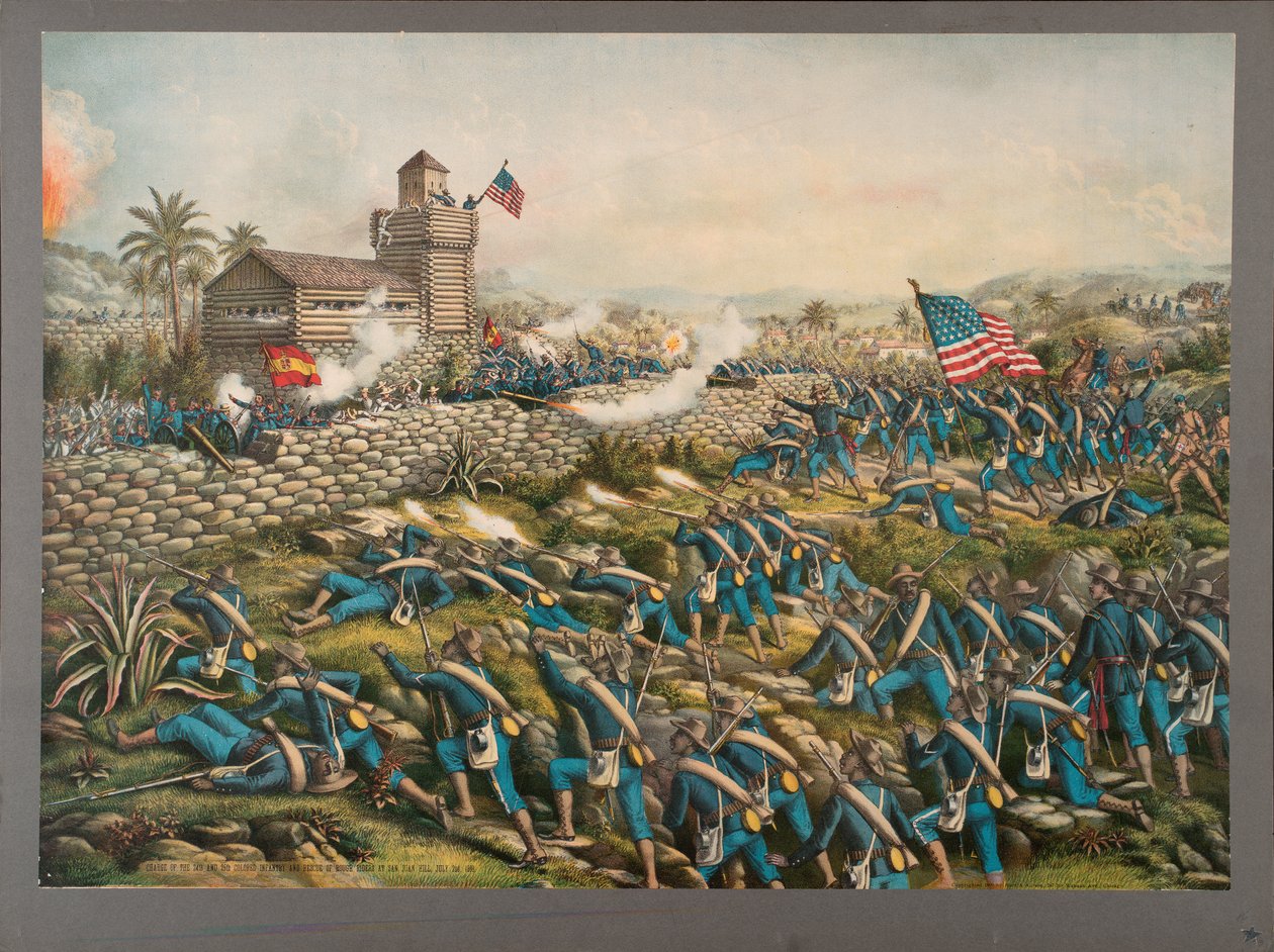 Anklagelse för det 24:e och 25:e färgade infanteriet och räddning av Rough Riders på San Juan Hill, 2 juli 1898 av Kurz and Allison