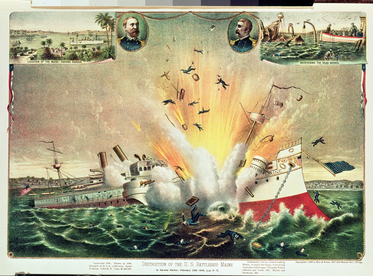 Förstörelse av det amerikanska slagskeppet Maine i Havannas hamn, 15 februari 1898 av Kurz and Allison