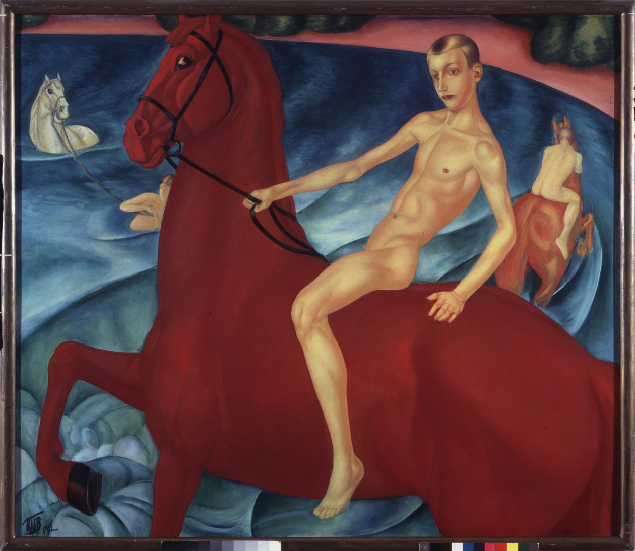 Bad av en röd häst. Målning av Kuzma Sergeevich Petrov Vodkin (Petrov-Vodkin) (Kouzma Petrov Vodkin) (Petrov-Vodkin) (1878-1939), olja på duk av Kuzma Sergeevich Petrov Vodkin