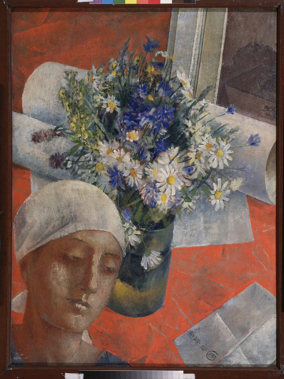 Blommor och en kvinnas huvud. Målning av Kuzma Sergeevich Petrov Vodkin (Petrov-Vodkin) (Kouzma Petrov Vodkin) (Petrov-Vodkin) (1878-1939), olja på duk av Kuzma Sergeevich Petrov Vodkin