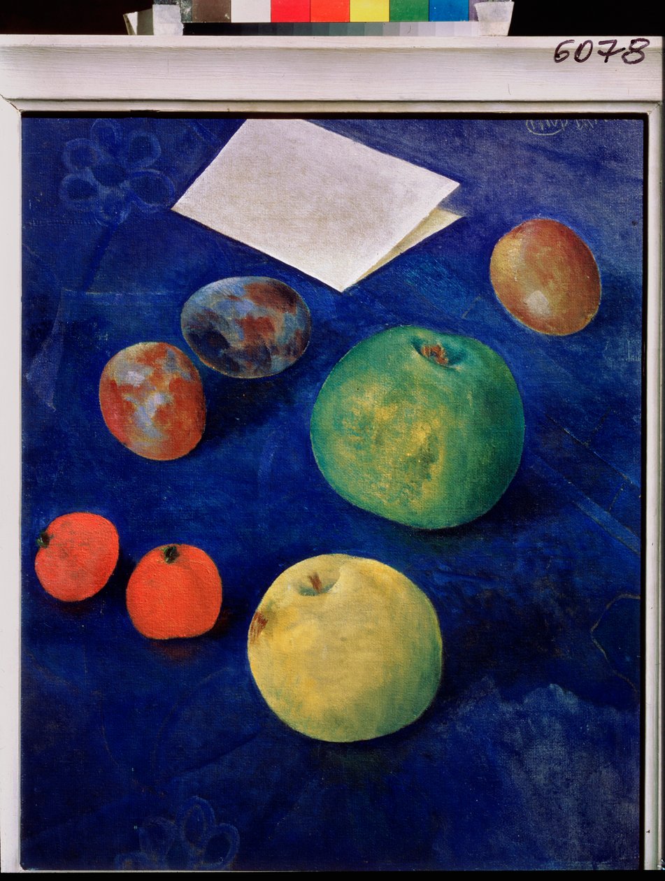 Frukter på en blå duk. Målning av Kuzma Sergeevich Petrov Vodkin (Petrov-Vodkin) (Kouzma Petrov Vodkin) (Petrov-Vodkin) (1878-1939), olja på duk av Kuzma Sergeevich Petrov Vodkin