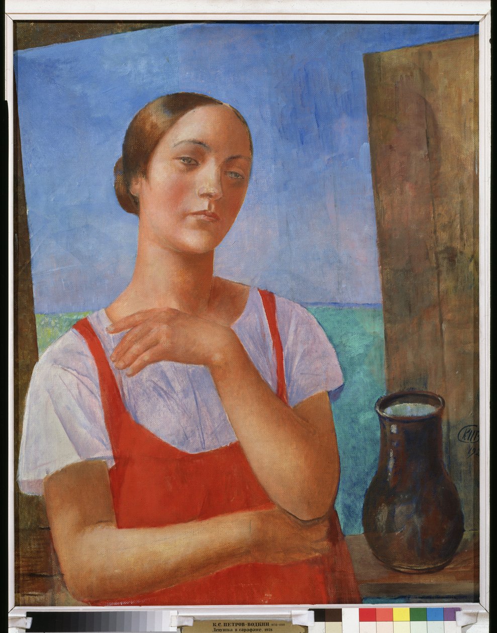 Ung kvinna i en sommarklänning. Målning av Kuzma Sergeevich Petrov Vodkin (Petrov-Vodkin) (Kouzma Petrov Vodkin) (Petrov-Vodkin) (1878-1939), olja på duk av Kuzma Sergeevich Petrov Vodkin