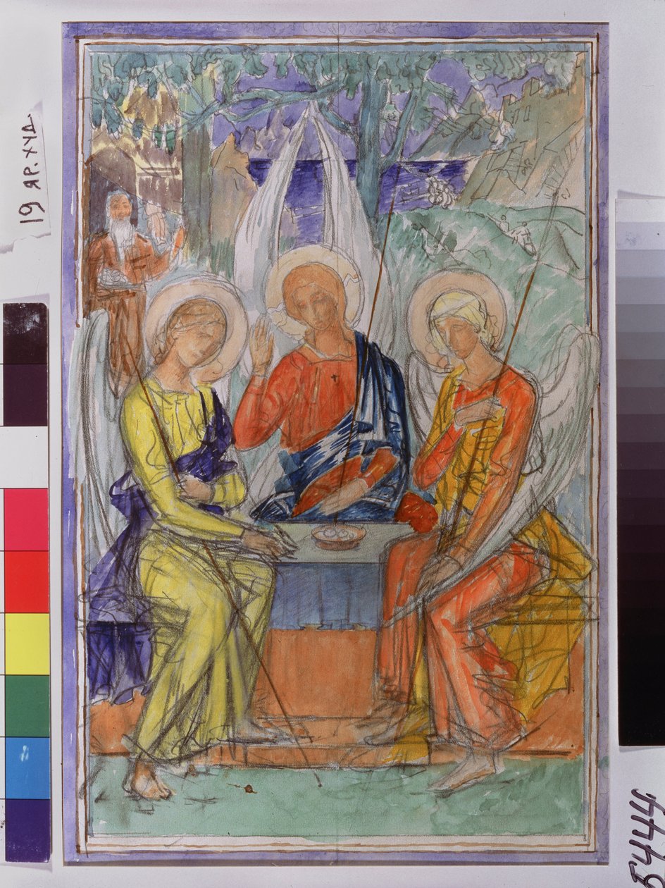 Den heliga treenigheten. Representation av de tre änglarna som visade sig för Abraham nära Chene de Mambre. Verk av Kuzma Sergeyevich Petrov Vodkin (Petrov-Vodkin) (Kouzma Petrov Vodkin) (Petrov-Vodkin) (1878-1939), akvarell på papper av Kuzma Sergeevich Petrov Vodkin