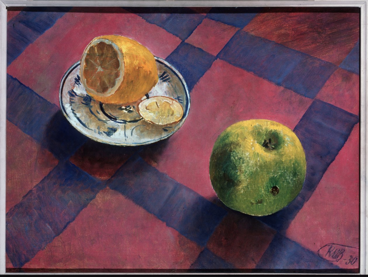 Äpple och citron. (Äpple och citron). Målning av Kuzma Sergeevich Petrov Vodkin (Petrov-Vodkin) (Kouzma Petrov Vodkin) (Petrov-Vodkin) (1878-1939), olja på duk av Kuzma Sergeevich Petrov Vodkin