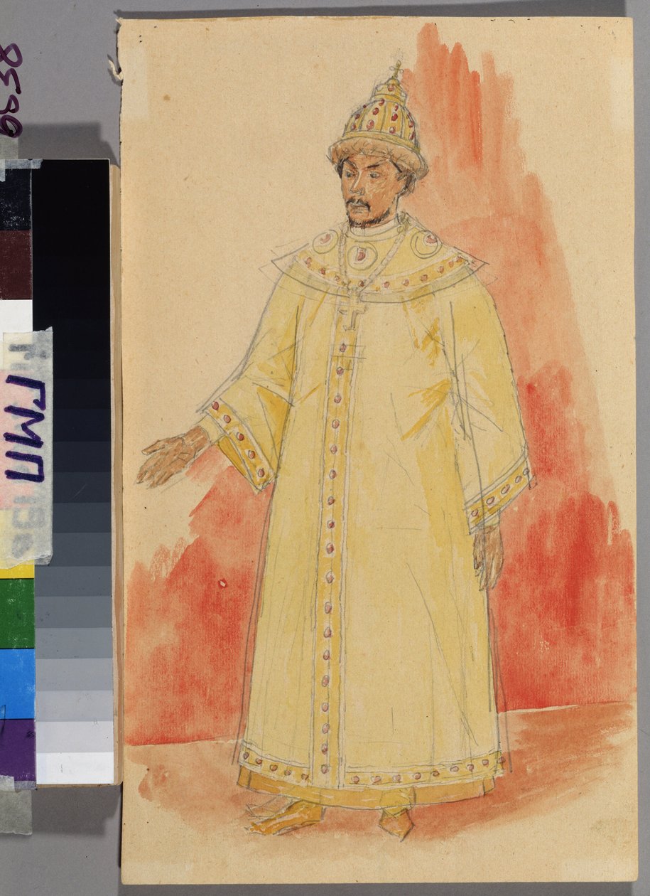 Kostymprojekt för operan ""Boris Godunov"" av Modest Mussorgsky (1839-1881). Verk av Kuzma Sergeyevich Petrov Vodkin (Petrov-Vodkin) (Kouzma Petrov Vodkin) (Petrov-Vodkin) (1878-1939), penna och akvarell på papper av Kuzma Sergeevich Petrov Vodkin