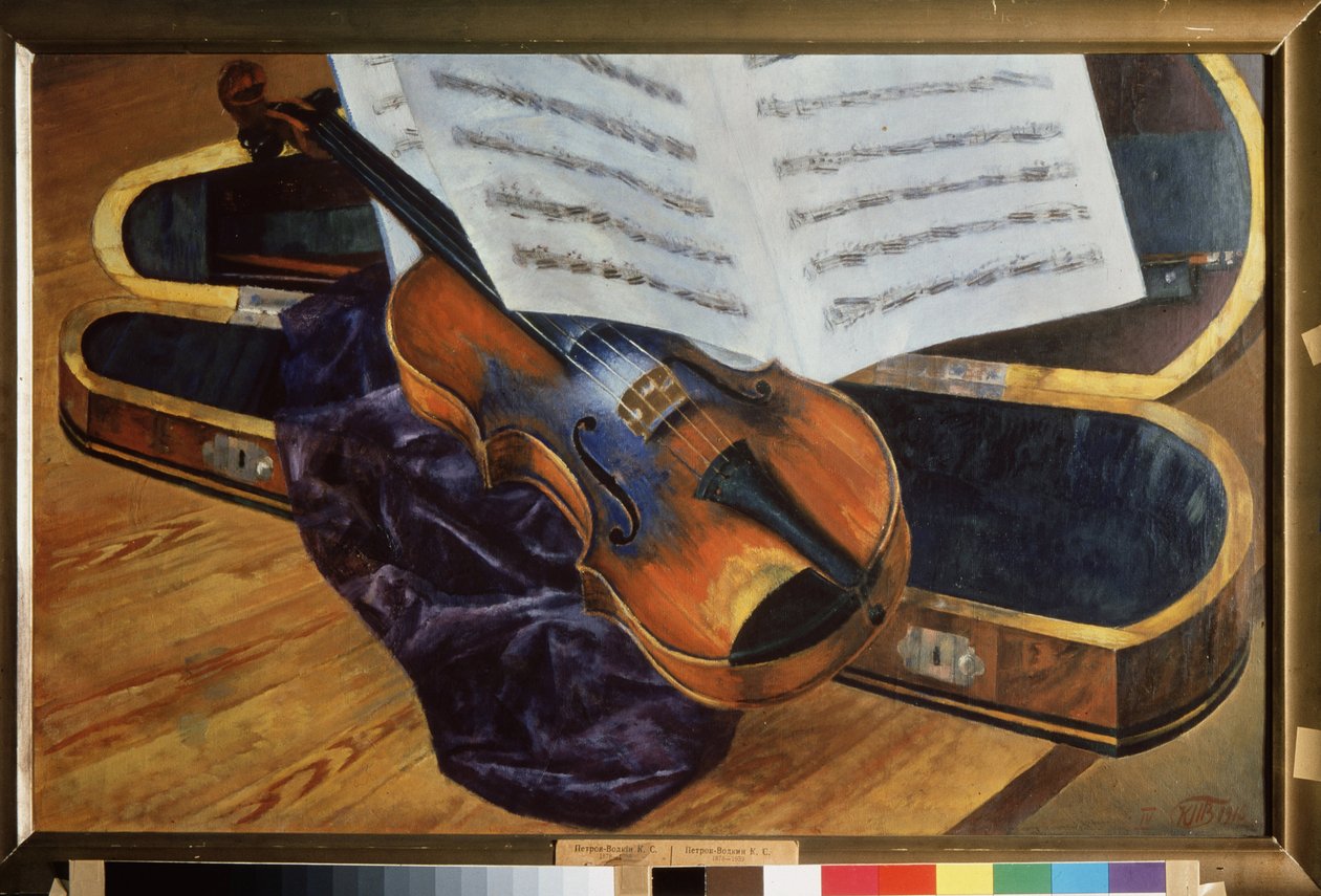 Violin i ett fodral (Violin in a Case). Målning av Kuzma Sergeyevich Petrov Vodkin (Petrov-Vodkin) (Kouzma Petrov Vodkin) (Petrov-Vodkin) (1878-1939), olja på duk av Kuzma Sergeevich Petrov Vodkin