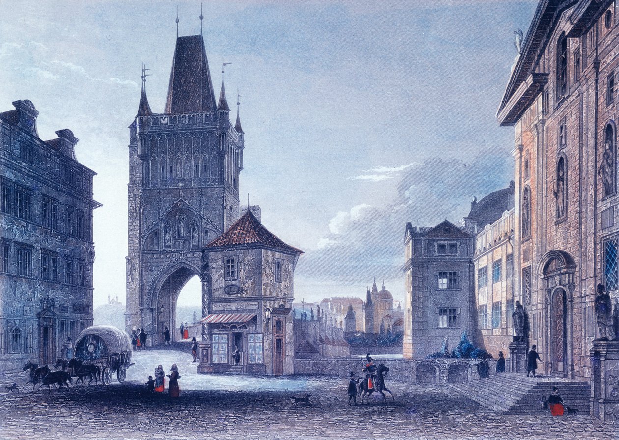 Tornet på Gamla stans bro, ca 1840 (färgat stålgravyr) av L. and Poppel, J. Lange