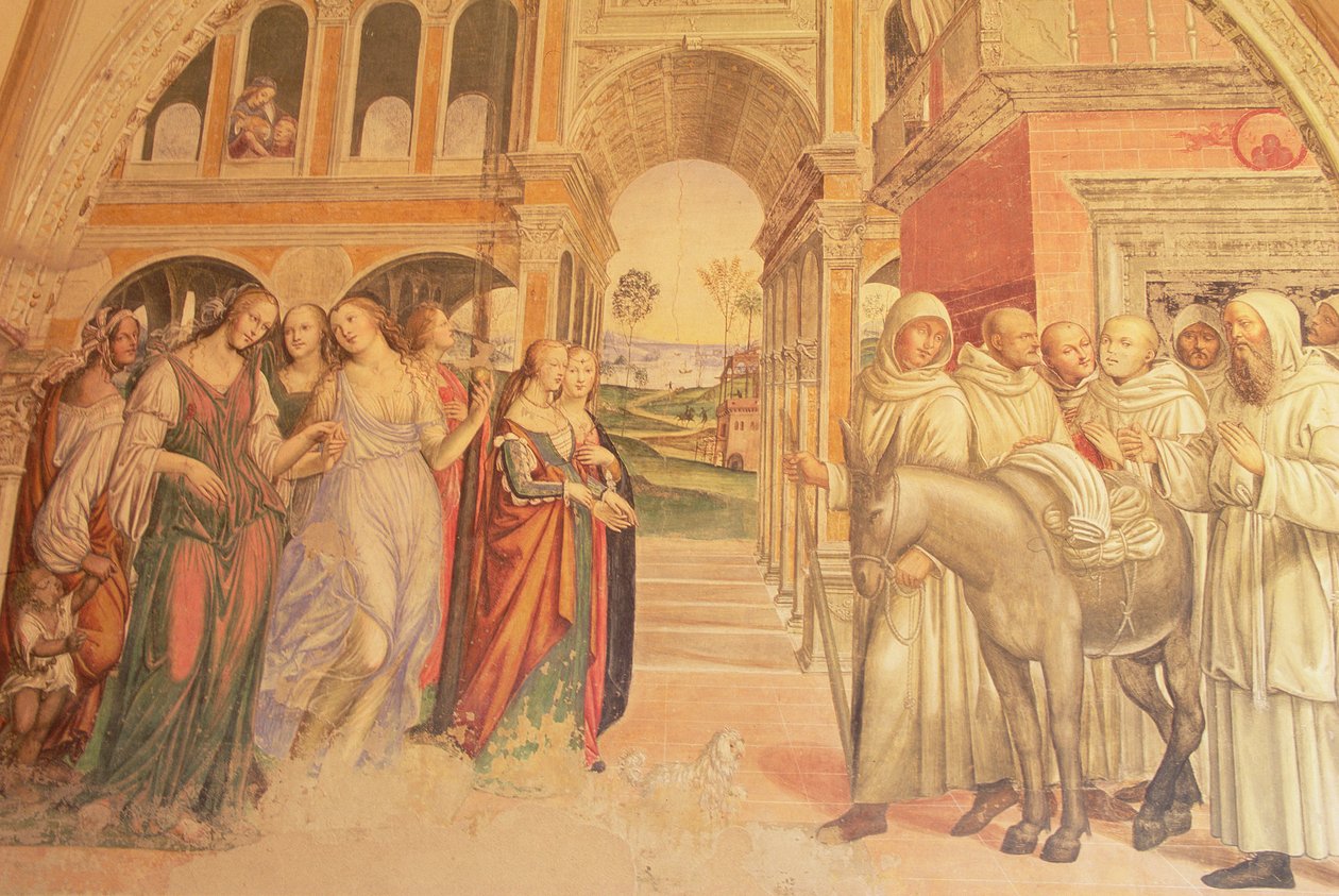 Florent skickar lösa kvinnor till klostret, från St. Benedictus liv, 1497-98 av L. and Sodoma, G. Signorelli