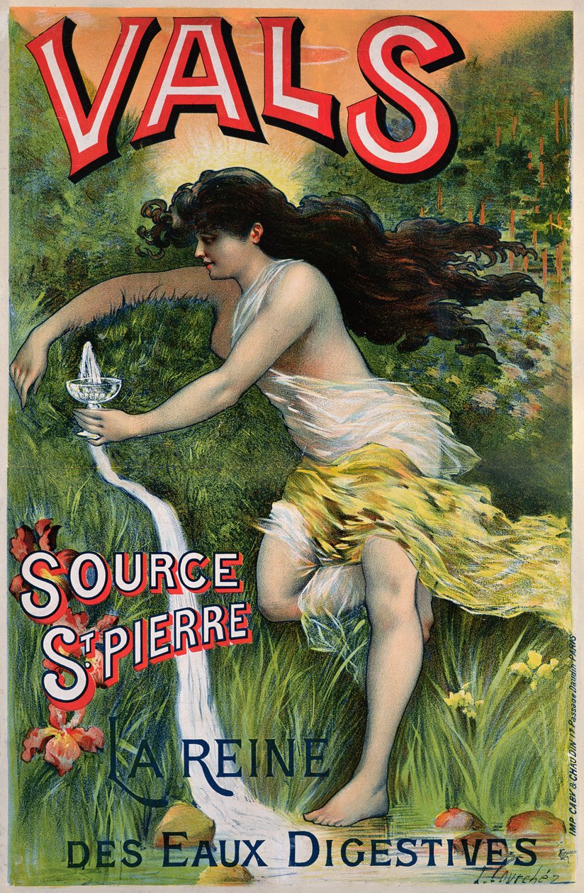 Affischreklam Källa St. Pierre, eau de Vals, naturligt mineralvatten av L. Courchez